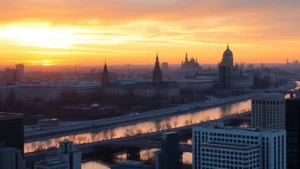 Aerial view of Moscow cityscape at sunset showing the Kremlin and Moscow River with modern skyscrapers, photorealistic, golden hour lighting, no text or signage visible