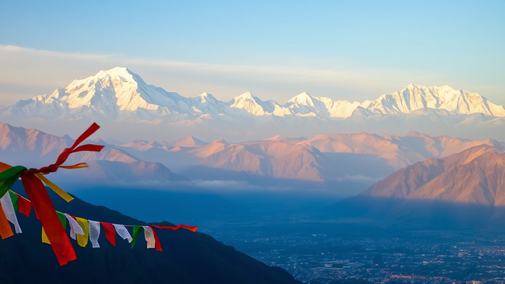 Aerial view of snow-capped Himalayan mountains with prayer flags fluttering in foreground, Kathmandu valley visible below, golden hour lighting, photorealistic travel photography
