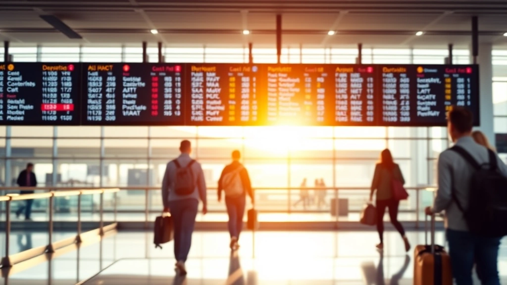Modern airport departure board showing international flights with blurred travelers walking through contemporary terminal, warm natural lighting, professional aviation photography