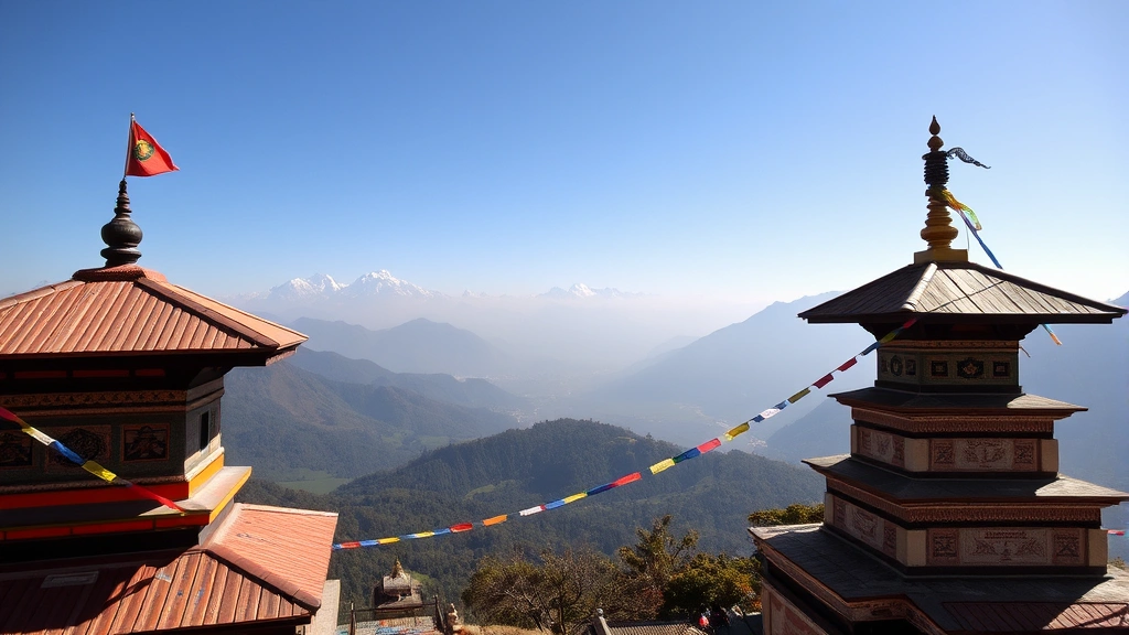 Scenic mountain landscape with traditional Nepali temple rooftop and colorful prayer flags overlooking green valleys and distant peaks, clear sunny day, authentic travel destination imagery