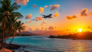 Tropical Fiji sunset over Nadi Bay with turquoise water, palm trees, and commercial aircraft landing at sunset, photorealistic travel photography