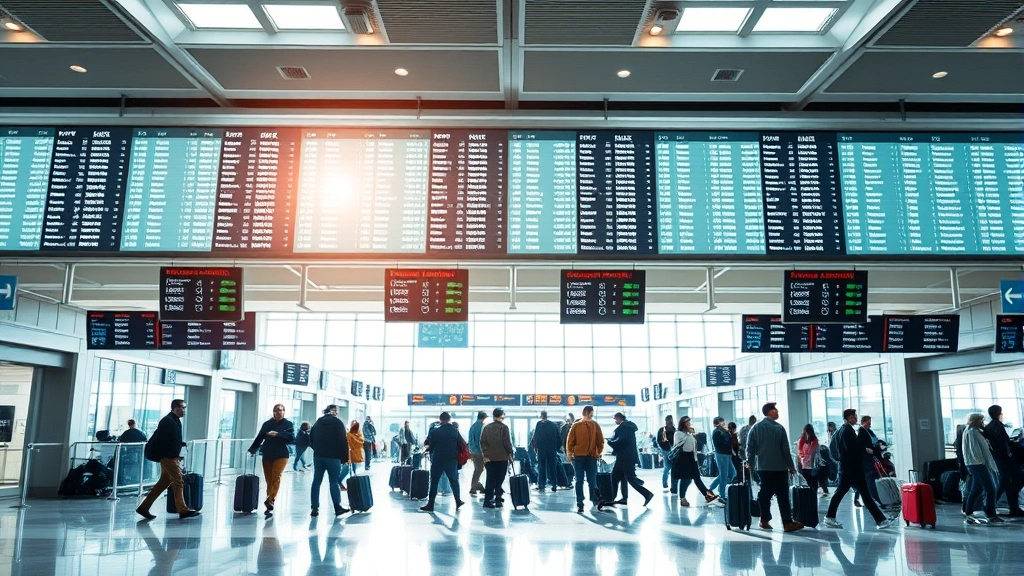 Modern airport terminal interior showing departure boards and diverse travelers with luggage, bright natural lighting, contemporary aviation hub atmosphere