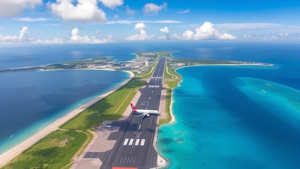 Aerial view of Nadi International Airport runway with surrounding tropical landscape, blue ocean, white sand beaches, and commercial aircraft on tarmac