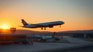 Commercial airplane departing Pittsburgh International Airport during golden hour sunset, with airport terminal and tarmac visible, realistic photography style