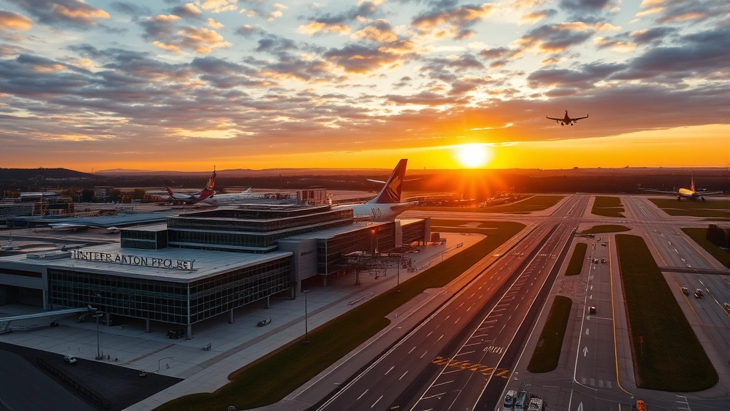 Aerial view of Pittsburgh International Airport with modern terminal building and runway during golden hour sunset, commercial aircraft in background
