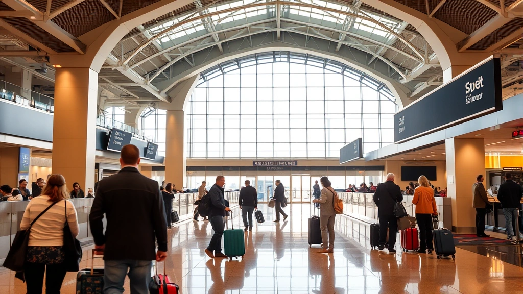 Busy terminal interior at Pittsburgh airport with passengers checking bags at counter, modern airport architecture with natural lighting, travel scene