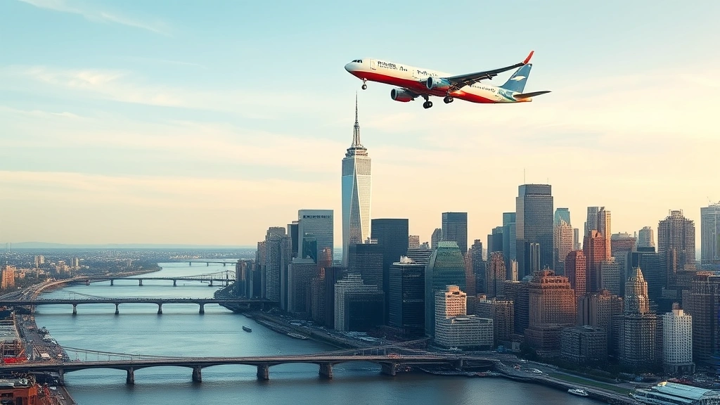 Busy New York City skyline with Manhattan skyscrapers, Hudson River, and commercial airplane flying overhead approaching airport