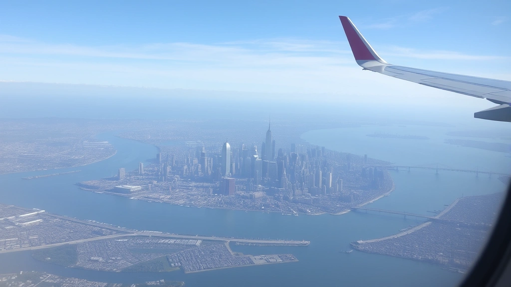 Aerial view of Manhattan skyline from airplane window during approach to New York area airport, cityscape with Hudson River visible, authentic flight perspective