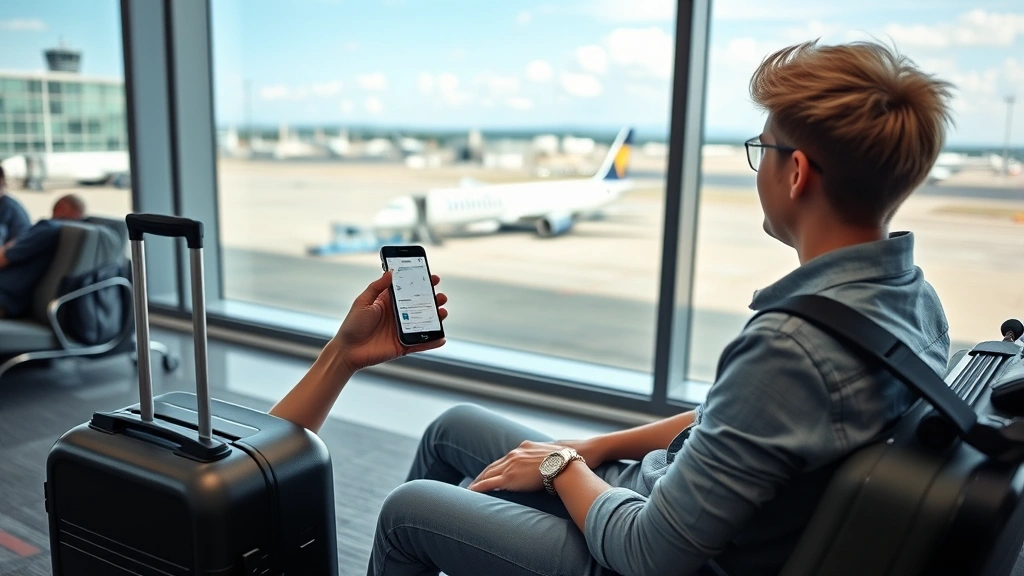 Young traveler sitting in airport gate area with luggage, holding smartphone showing flight booking app, window view of tarmac and aircraft