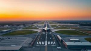 Aerial view of Columbus John Glenn International Airport runway with aircraft taking off toward sunset, clear weather, modern airport infrastructure visible below
