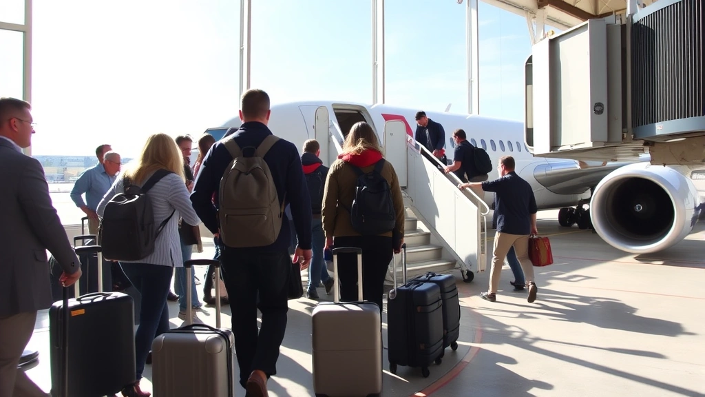 Passengers boarding a commercial aircraft at gate with jet bridge, sunny day visible through windows, diverse travelers with luggage, bright cabin interior