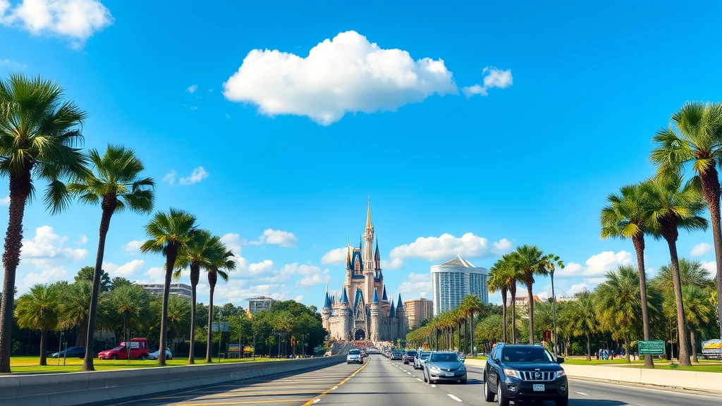 Orlando skyline with theme park castle visible in distance, palm trees lining highway, sunshine and blue sky, vacation atmosphere with cars driving toward city center