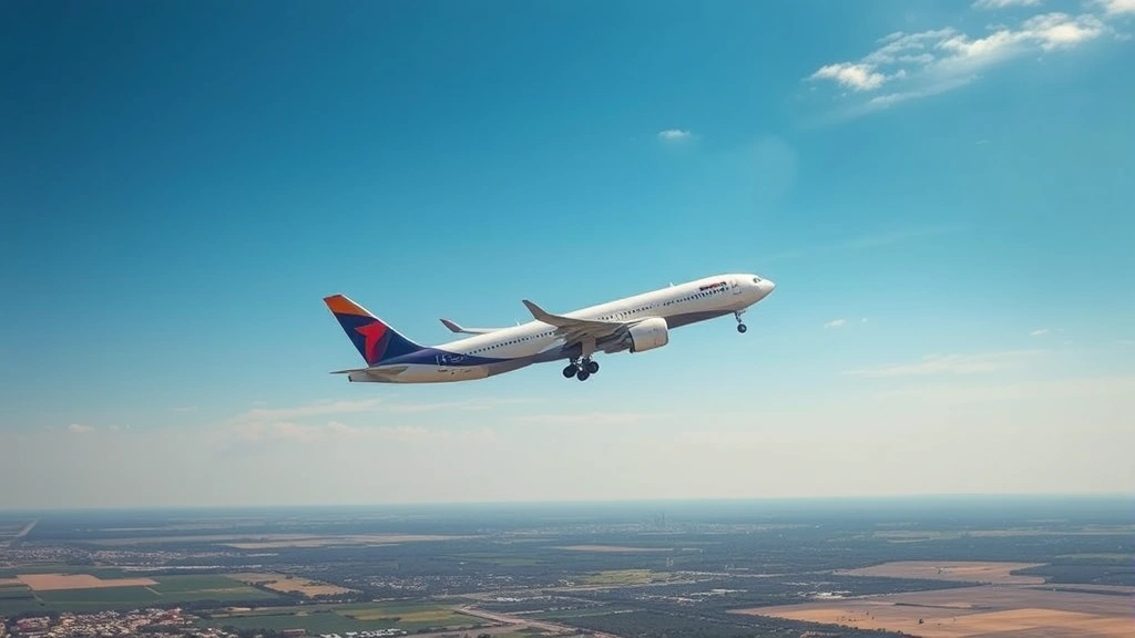 Aerial view of Dallas Fort Worth International Airport with commercial aircraft taking off, blue sky, Texas landscape visible below, photorealistic daytime shot