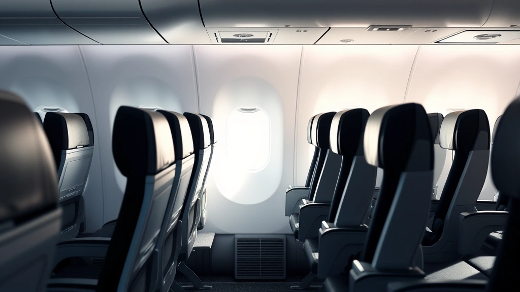 Modern airplane cabin interior showing rows of empty seats with window seats visible, natural light streaming through windows, clean contemporary aircraft design