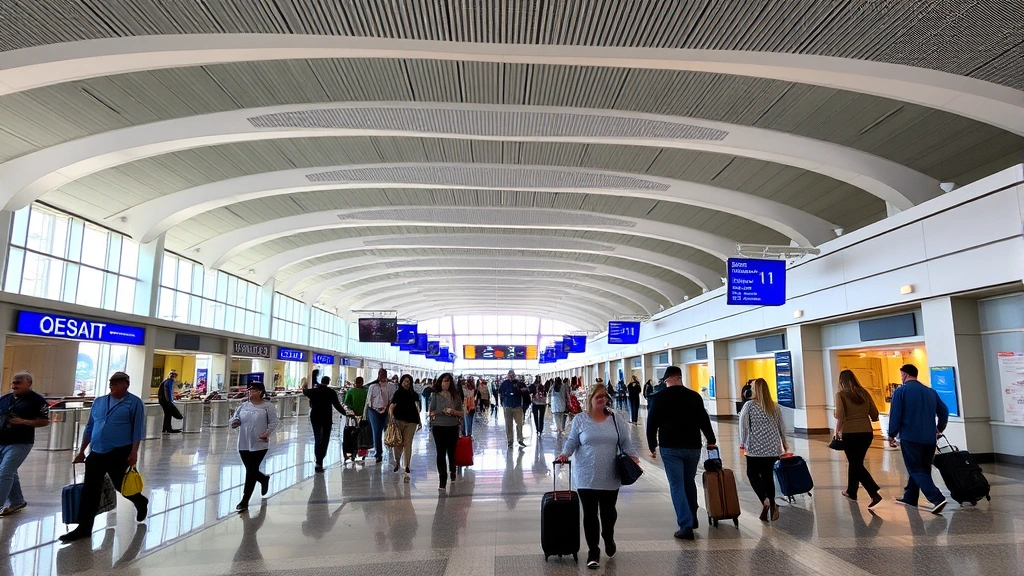 Orlando International Airport departure hall with travelers walking with luggage, modern architecture, bright lighting, people heading toward gates