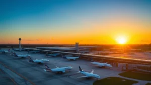 Aerial view of Orlando International Airport MCO with commercial aircraft lined up at gates during golden hour sunset, clear blue sky, modern terminal buildings visible