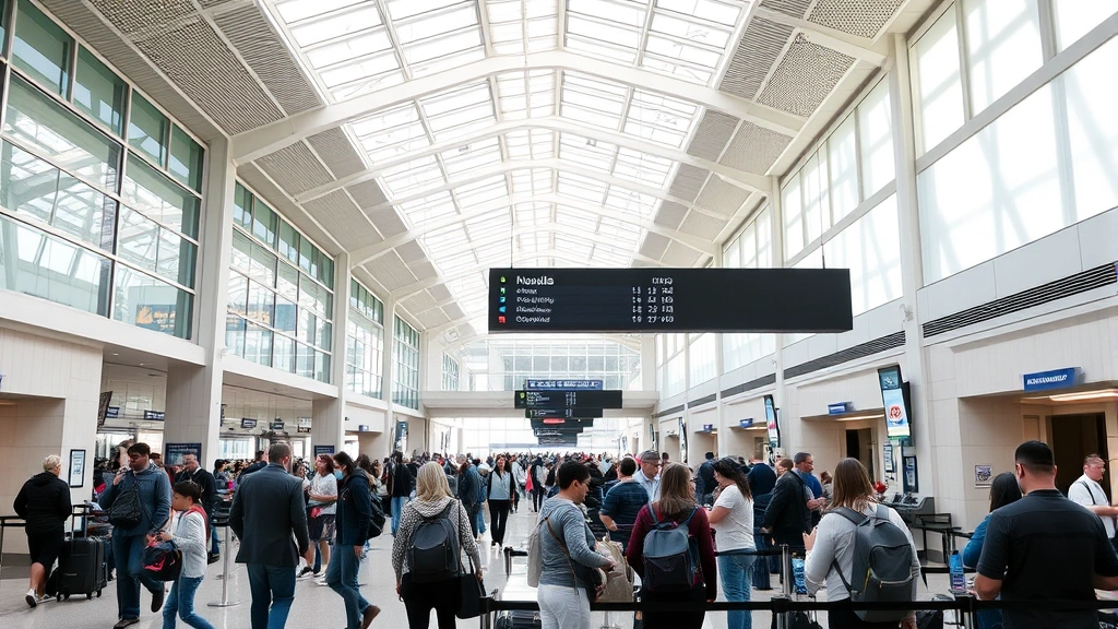 Houston Hobby Airport HOU departure hall with travelers checking in at counters, modern airport architecture, bright natural lighting through skylights, busy but organized atmosphere