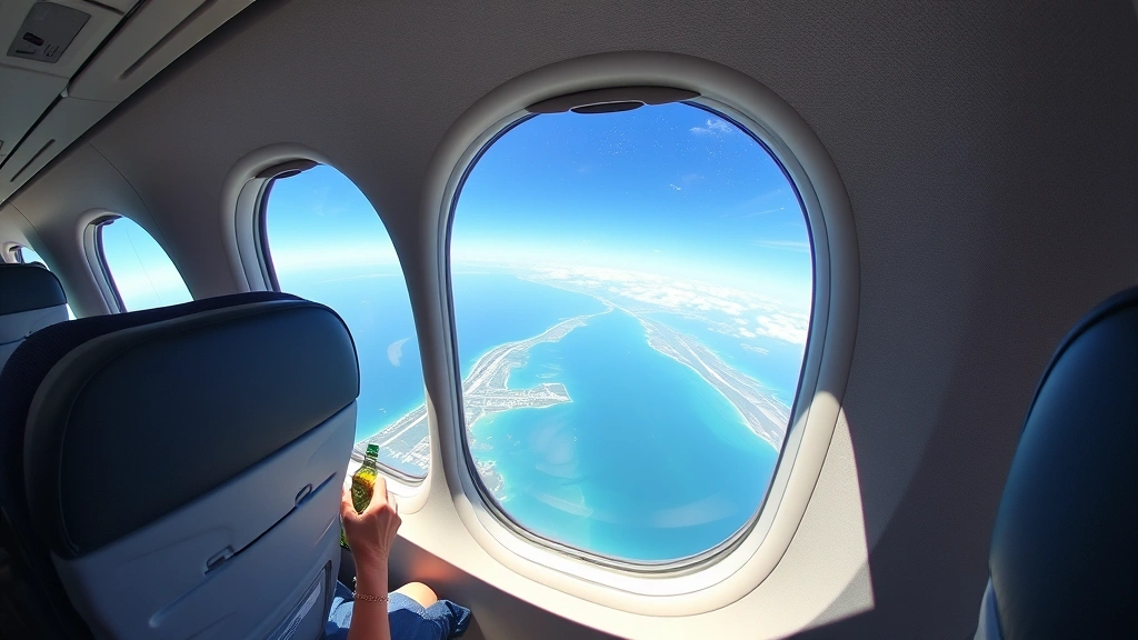 Wide-angle shot of aircraft cabin interior during flight from Houston to Orlando, window seat view showing Florida coastline and Atlantic Ocean below, passenger using airline amenities