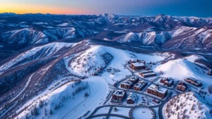 Aerial view of snow-covered Park City Mountain Resort with ski runs visible, surrounded by Utah mountains at sunrise, winter landscape photography