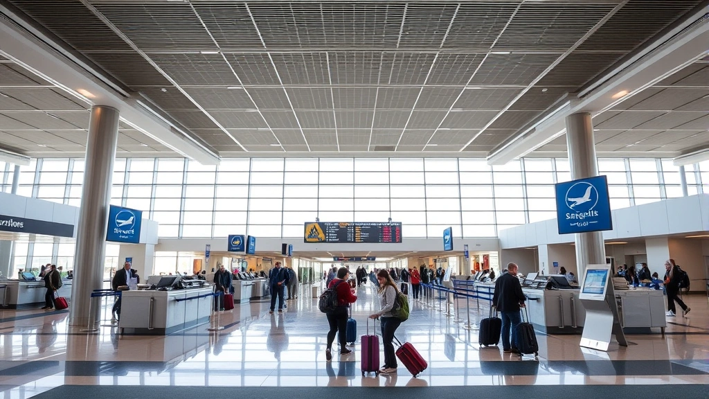 Salt Lake City International Airport terminal interior with modern architecture, airline counters, and travelers checking in with luggage, daytime professional photography
