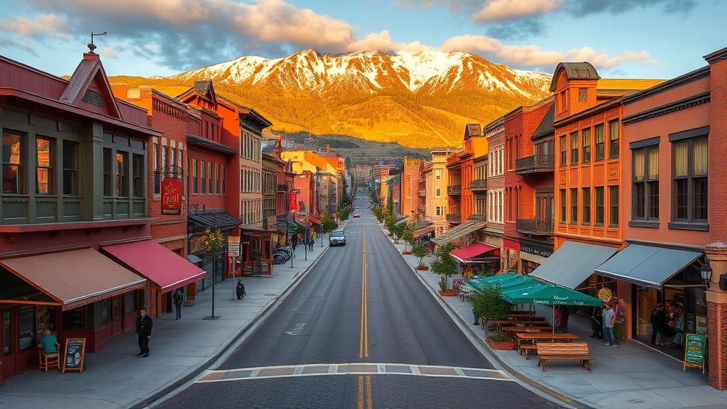 Wide panoramic view of Park City downtown Main Street with mountain backdrop, colorful storefronts and restaurants, golden hour lighting, vibrant alpine town atmosphere