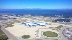 Aerial view of McGhee Tyson Airport in Knoxville, Tennessee with mountains in background, modern terminal building visible, sunny day with clear skies, showing runway and taxiways