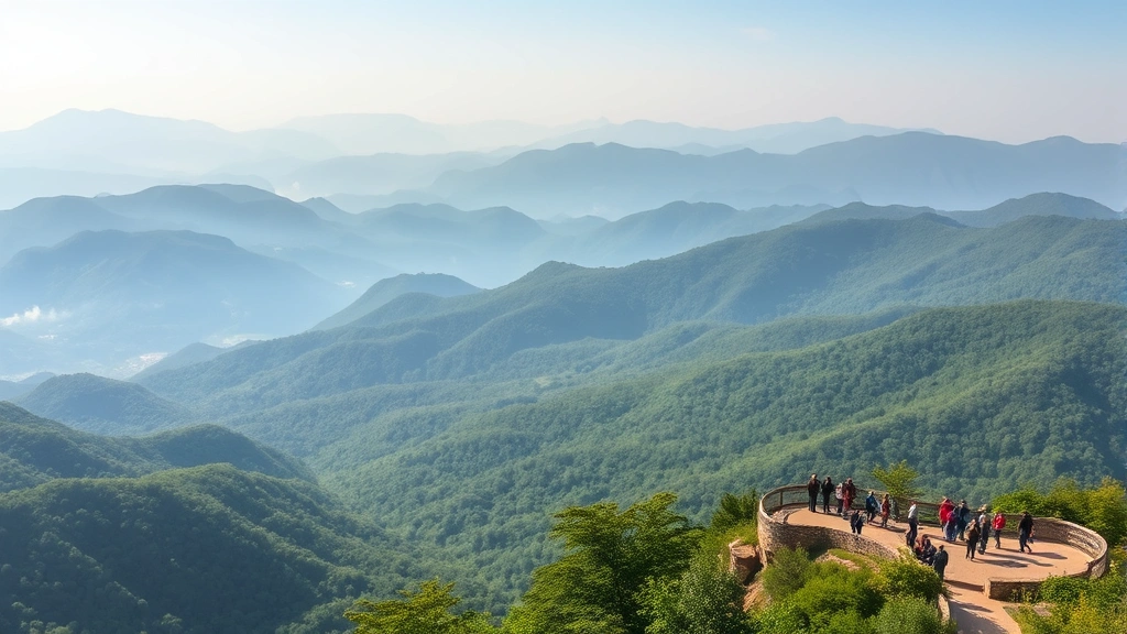 Mountain landscape of Great Smoky Mountains near Pigeon Forge Tennessee, rolling green mountains, misty valleys, scenic overlook viewpoint with visitors, natural beauty and forest coverage