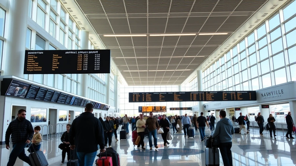 Nashville International Airport terminal interior showing departure boards and travelers with luggage, modern architecture, bright natural lighting, busy gate areas with commercial flights