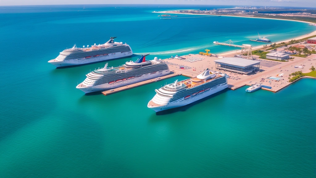 Aerial view of Port Canaveral cruise port with multiple cruise ships docked, turquoise Atlantic Ocean, Florida coastline visible, bright sunny day, professional cruise terminal facilities