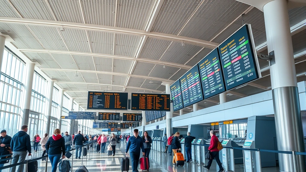 Modern airport terminal interior with departure boards, travelers with luggage, check-in counters, natural lighting, busy but organized atmosphere, typical U.S. domestic airport