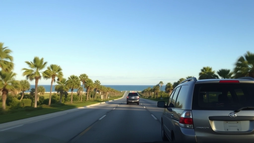 Scenic Florida highway with palm trees, rental car driving toward coast, clear blue sky, typical Gulf Coast landscape, vacation travel atmosphere, road trip to cruise port