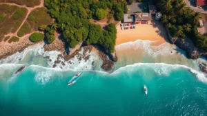 Aerial view of Puerto Escondido's turquoise Pacific waters and golden sandy beaches with tropical vegetation, sunny weather, surfers in the water, photorealistic tropical coastal landscape