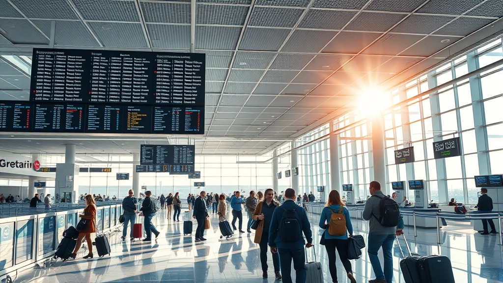 Modern airport terminal interior with departure boards, travelers with luggage, check-in counters, and sunlight streaming through windows, busy but calm atmosphere, photorealistic airport scene