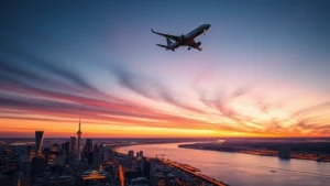 Aerial view of Montreal skyline with Saint Lawrence River at sunset, commercial airplane flying overhead, vibrant city lights reflecting on water, photorealistic travel photography
