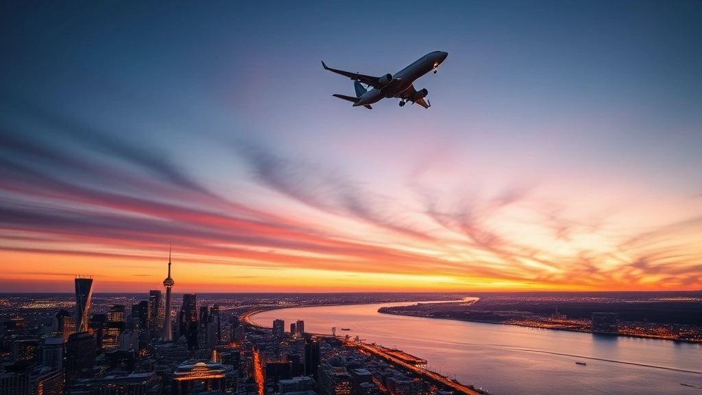 Aerial view of Montreal skyline with Saint Lawrence River at sunset, commercial airplane flying overhead, vibrant city lights reflecting on water, photorealistic travel photography