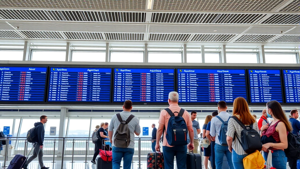 Passengers checking flight information on departure board at modern airport terminal, blue and white airline signage, diverse travelers with luggage, natural lighting from terminal windows, authentic airport scene