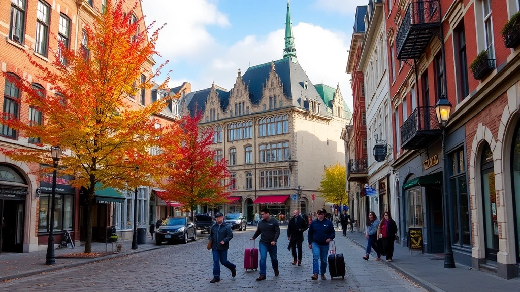 Historic cobblestone streets of Old Quebec City with European-style architecture, autumn foliage on trees, tourists walking with luggage, charming street lamps, authentic destination photography