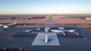 Aerial view of Jean Lesage Quebec City International Airport with commercial aircraft at gates, runway, and surrounding landscape during daytime with clear skies
