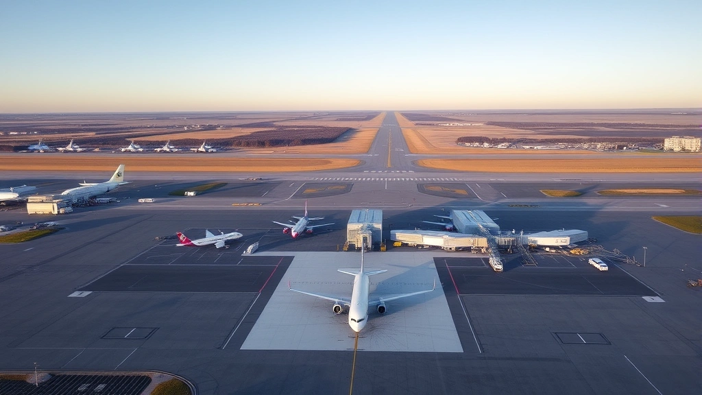 Aerial view of Jean Lesage Quebec City International Airport with commercial aircraft at gates, runway, and surrounding landscape during daytime with clear skies