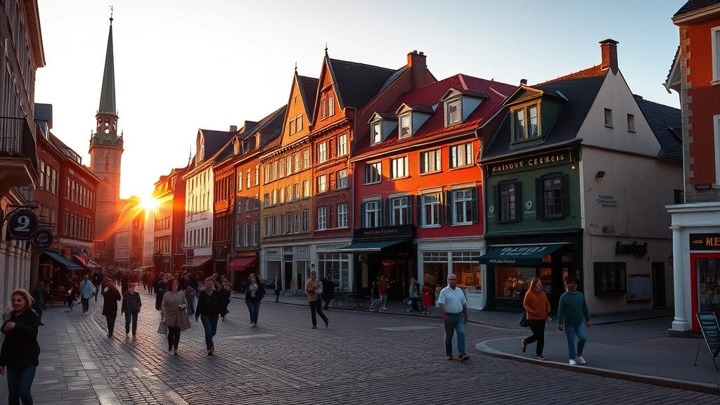 Quebec City historic old town with cobblestone streets, French colonial architecture, and colorful buildings during golden hour sunset lighting with tourists walking