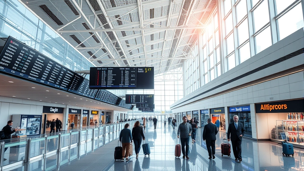 Modern airport terminal interior with departure boards, travelers walking with luggage, retail shops, and natural light streaming through large windows