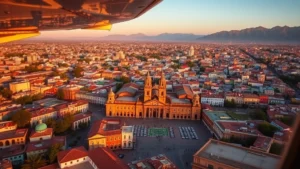 Aerial view of Queretaro's historic colonial city center with colorful buildings and plazas, shot from airplane window during golden hour, mountains visible in background, photorealistic travel photography