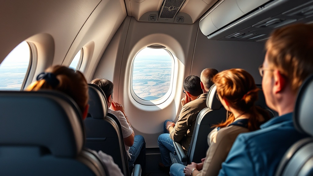 Modern airplane interior cabin during flight over Mexico landscape, passengers seated comfortably, window view showing Mexican terrain below, natural lighting from window, professional travel photography