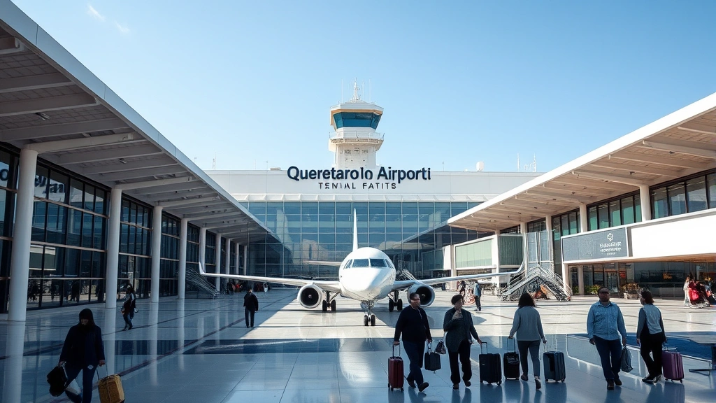 Queretaro International Airport modern terminal building exterior, aircraft parked at gate, travelers with luggage walking through terminal area, sunny day, contemporary architecture, photorealistic travel scene