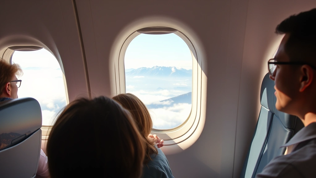 Modern airplane cabin interior with passengers during flight, window showing clouds and distant mountain landscape, bright natural lighting