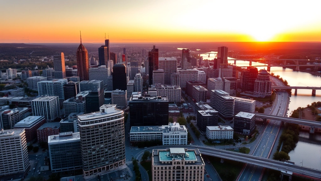 Aerial view of Richmond Virginia skyline at sunset with James River visible, modern city architecture, golden hour lighting, professional travel photography