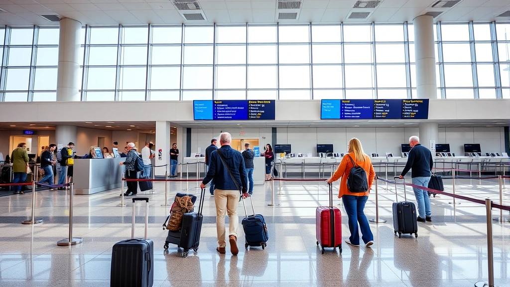 Passengers checking in at Richmond International Airport RIC terminal, modern airport interior with natural lighting, travelers with luggage at ticket counter