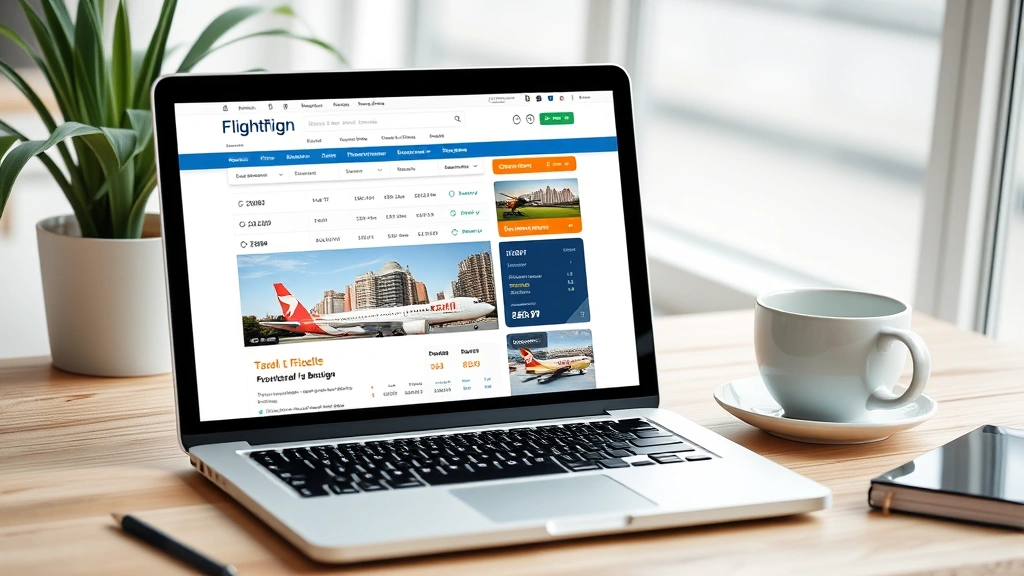 Laptop displaying flight booking website with calendar and price comparison, coffee cup nearby, travel planning workspace, focused on search results