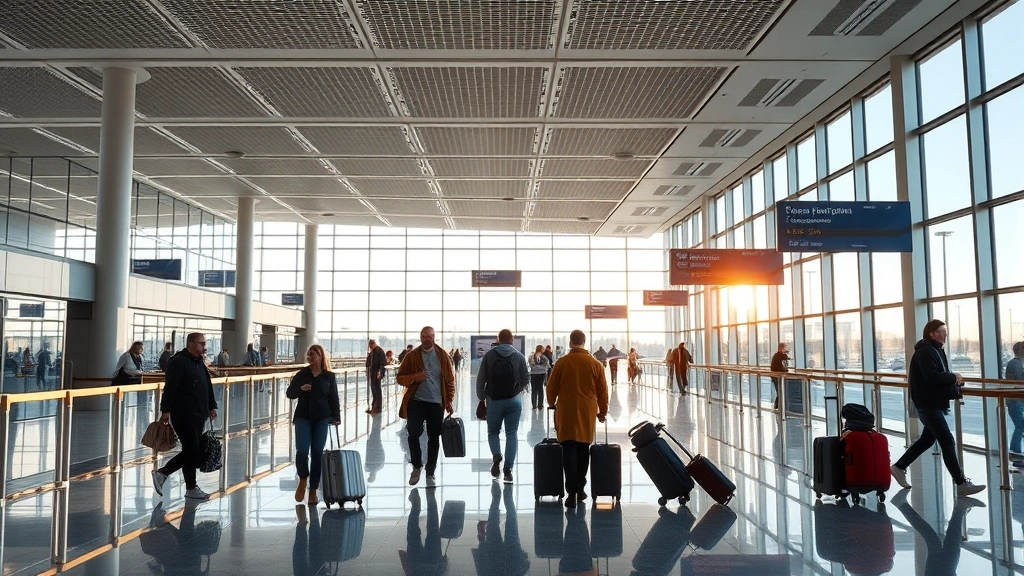 Modern airport terminal interior with travelers checking luggage and walking toward departure gates, natural lighting from large windows
