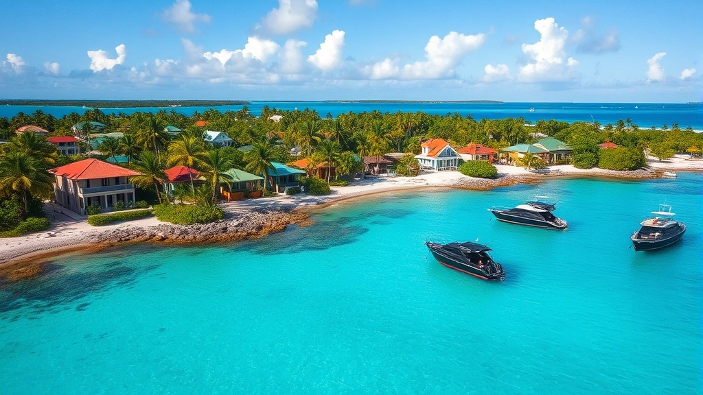 Scenic coastal landscape of Roatan showing colorful beach houses, palm trees, and crystal-clear blue water with diving boats anchored offshore